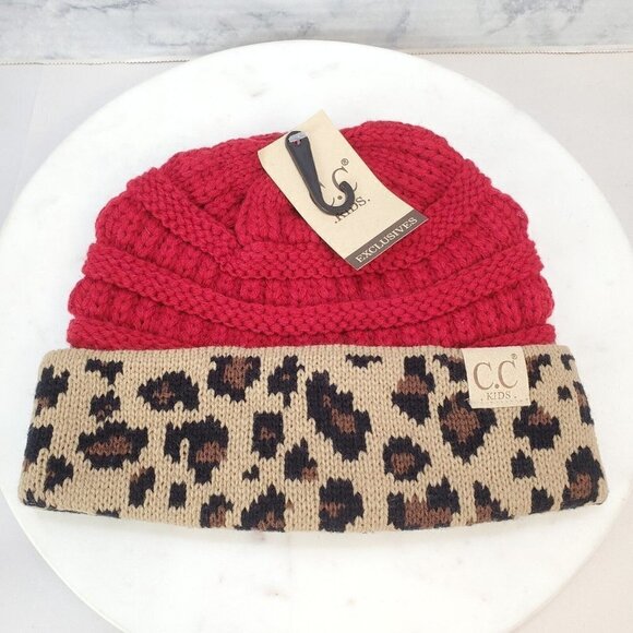 C.C Kids‎ Girl Beanie Leopard Animal Red tan Cableknit hat soft cozy - Picture 1 of 6